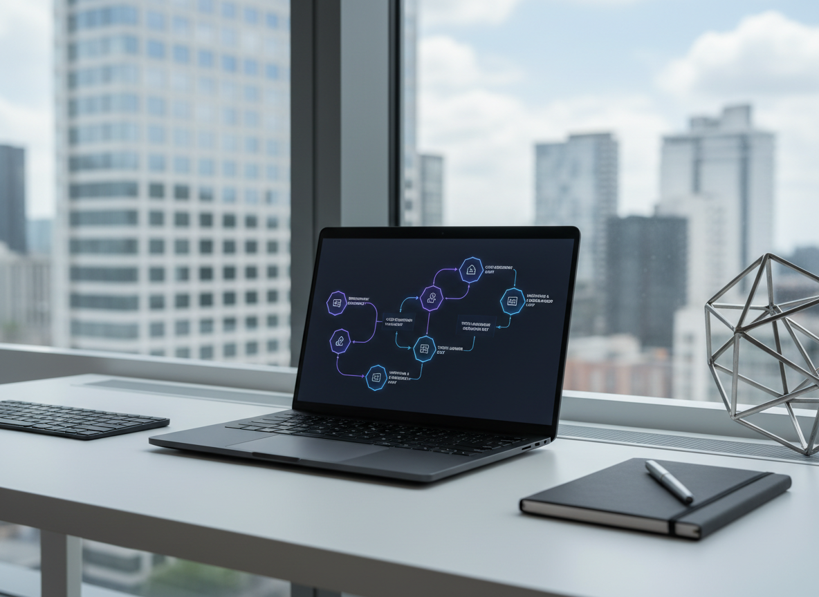 A minimalist, matte-black laptop open on a tidy white workstation, its high-resolution screen displaying a complex but elegant flow diagram of interconnected AI agents passing tasks along a workflow. Around the laptop are a slim wireless keyboard, a dark slate notebook, and a single geometric metal sculpture suggesting network connections. The workspace sits beside a large floor-to-ceiling window in a modern office, with city buildings softly blurred outside. Soft natural daylight combines with subtle cool-toned desk lighting, creating a focused yet calm mood. Shot from a slightly elevated three-quarter angle, with the screen as the visual anchor and a shallow depth of field, the photographic image feels professional, clear, and purpose-driven, representing agentic AI orchestrating enterprise software development.