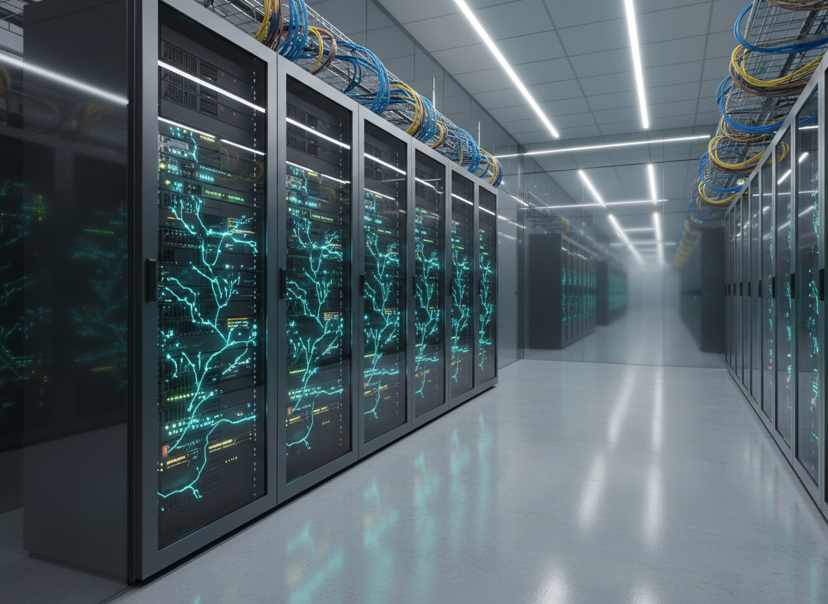 A sleek, dark graphite server rack filled with glowing azure and teal network equipment, each indicator light forming subtle patterns that resemble neural pathways. The rack stands in a pristine, glass-walled enterprise data center, with reflective polished concrete floors and neatly routed fiber cables forming smooth, organized lines. Cool, diffused overhead LED lighting casts gentle reflections on the metal surfaces, creating a calm, controlled atmosphere. Captured at eye level with a slightly shallow depth of field, the foreground equipment is in crisp focus while the far end of the corridor softly blurs, suggesting scale and capability. The photographic realism and clean, modern aesthetic convey reliability, precision, and advanced AI infrastructure at the core of intelligent enterprise workflows.