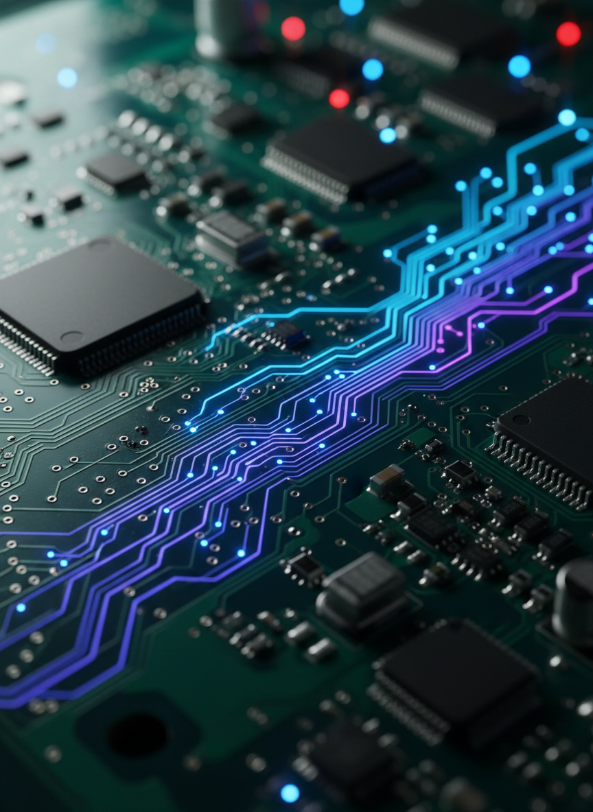A close-up, photographic macro-style shot of a circuit board where metallic traces subtly morph into luminous, branching network lines, forming an abstract representation of AI agents communicating. The board’s surface is rich emerald green with finely etched silver pathways, while the glowing lines pulse in gradients of blue and violet. The background fades into a gentle, defocused bokeh of tiny LEDs and components, suggesting a broader system beyond the frame. Dramatic side lighting emphasizes the micro-textures of the board and connectors, creating highlights along edges and soft shadows in recesses. The composition uses a diagonal flow across the frame, giving a sense of motion and intelligence emerging from hardware, perfectly matching a high-tech, professional SaaS brand identity.