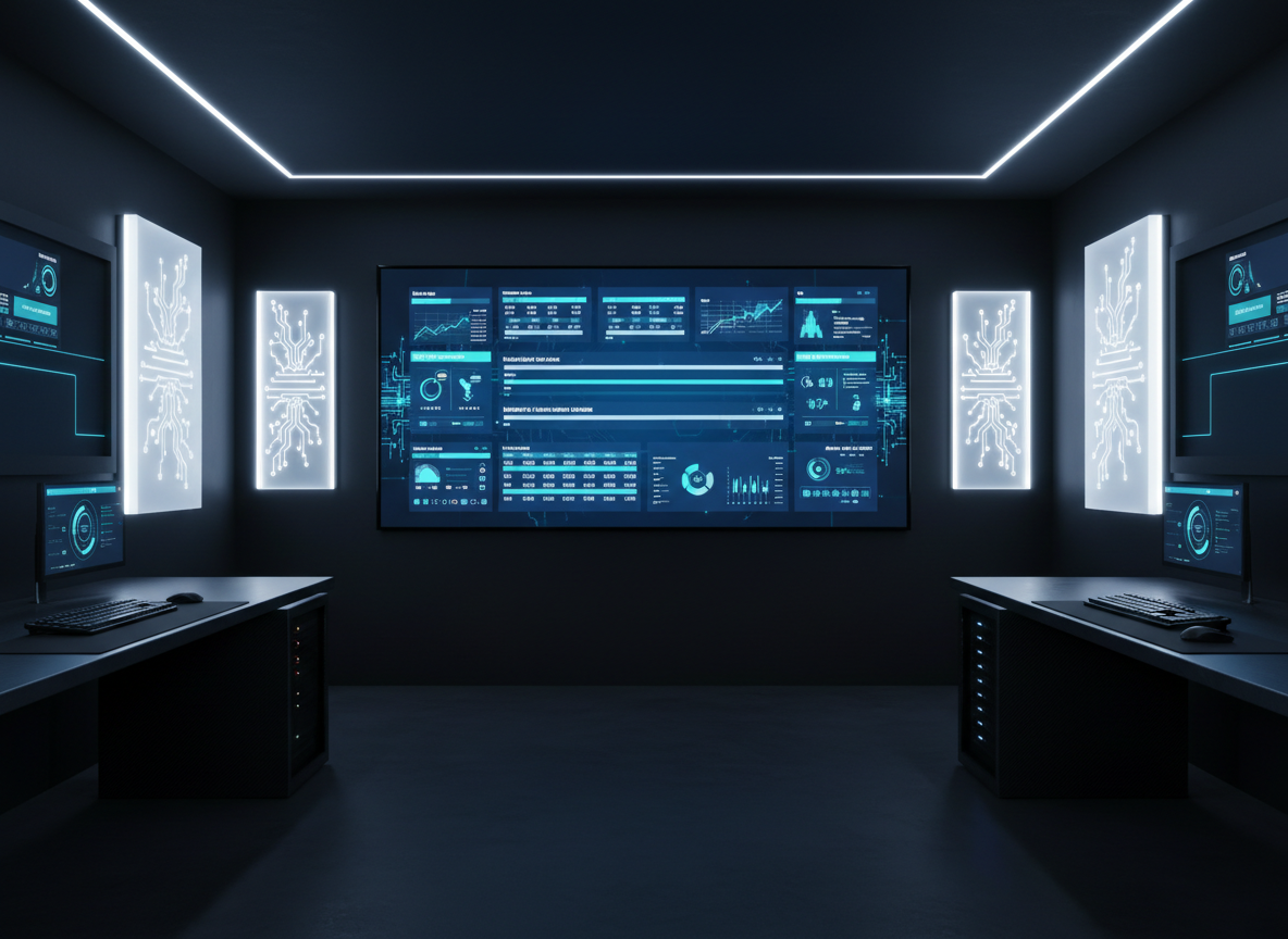 An ultra-modern operations dashboard displayed on a thin, bezel-less wall-mounted screen, showing real-time streams of structured data, workflow timelines, and AI-driven alerts in a refined palette of deep navy, electric cyan, and soft white. The screen is the focal point of a dark, sophisticated control room with clean-lined desks, neatly arranged hardware, and a few abstract light panels echoing circuit patterns. Gentle, indirect LED strip lighting outlines the room’s architecture, while the dashboard itself casts a subtle glow onto the surrounding matte surfaces. Photographed straight-on with sharp focus and symmetrical framing, the scene feels precise, analytical, and under control, visually communicating how agentic AI systems quietly supervise and optimize core enterprise processes.